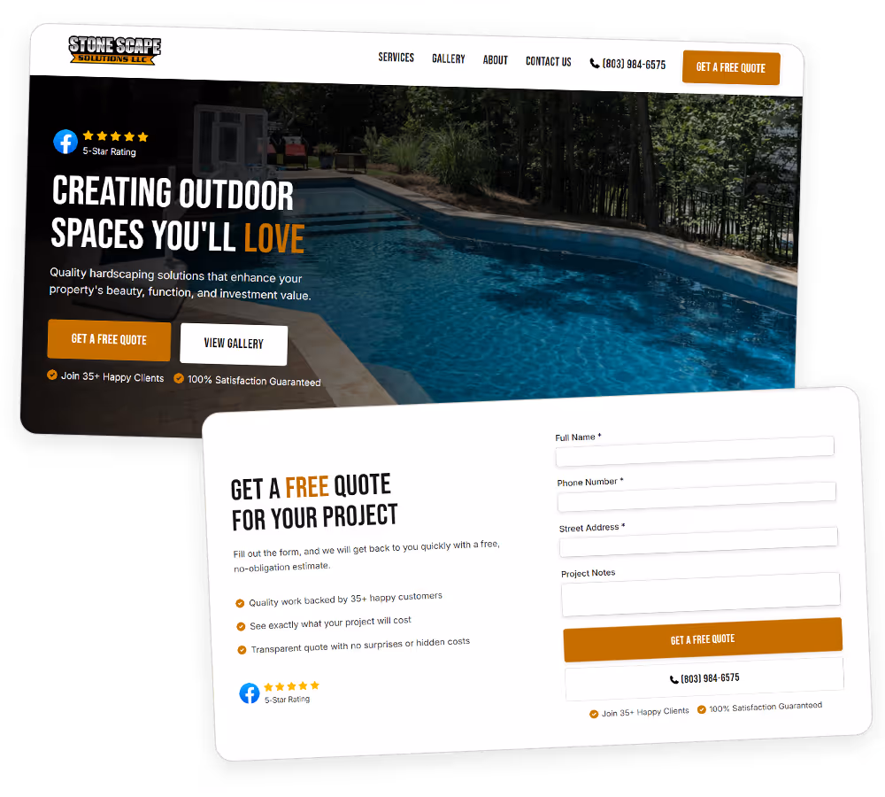 Website homepage for Stone Scape Solutions LLC showing a backyard pool with text offering outdoor hardscaping services and a free quote form for project estimates.